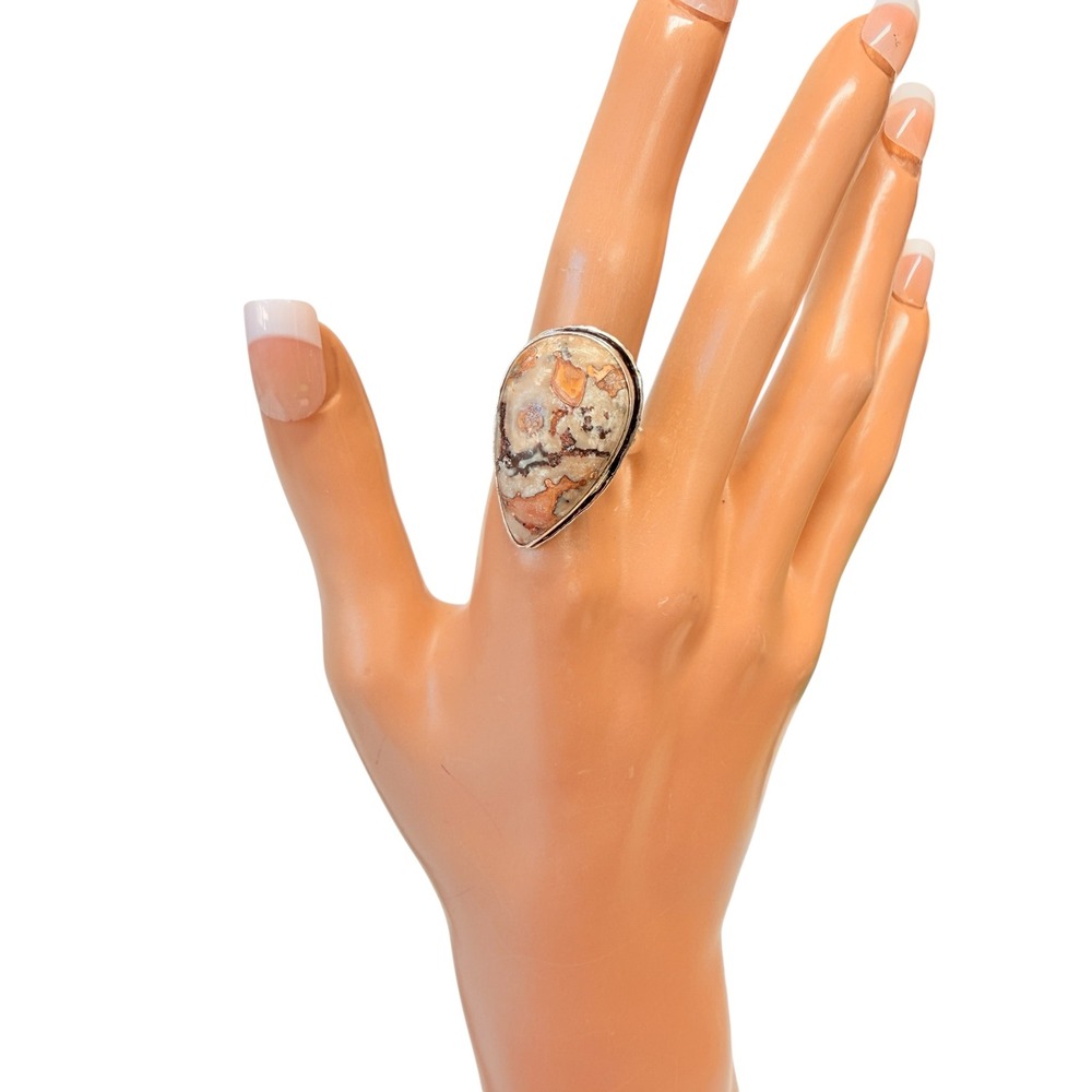 Large Teardrop Jasper Statement‎ Cocktail Ring Silver Tone Size 8 Earthy Boho